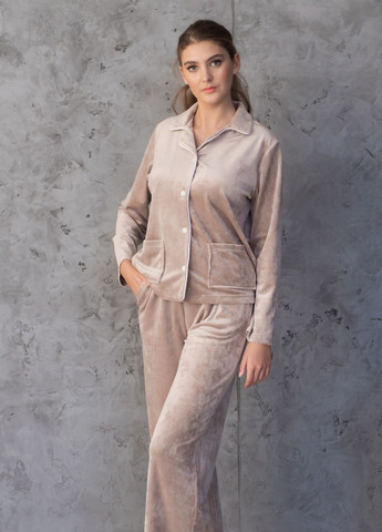 Бежевая зимняя пижама велюровая с рубашкой kant рубашка + брюки SWAM