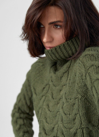 Оливковий (хакі) зимовий жіночий светр із великої в'язки в кіску Lurex