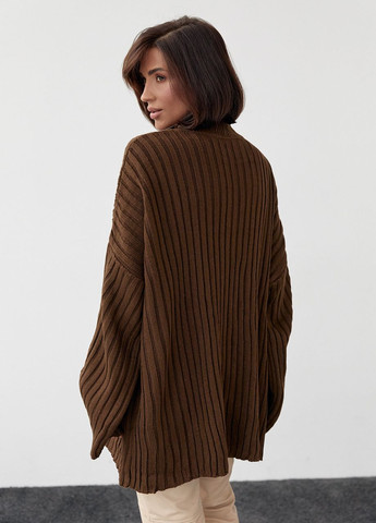 Темно-коричневый зимний женский вязаный свитер oversize в рубчик Lurex