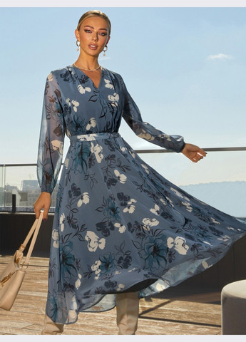 Серое платье серого цвета с принтом и юбкой-полусолнце Dressa