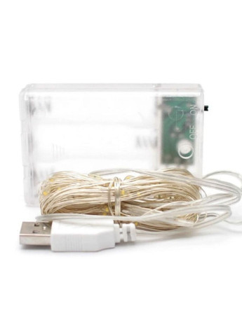 Гибкая медная гирлянда 2в1 НА БАТАРЕЙКАХ + USB РОСА капля 100LED 10м прозрачный провод теплый белый Po Fanu (270091685)