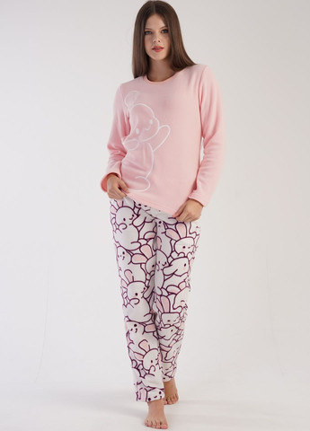 Розовая зимняя пижама женская флисовая (лонгслив, штаны) лонгслив + брюки Vienetta