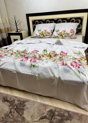 Постільна білизна бавовняна Квіти Євро Простирадло на гумці 160x200х20 Бязь Білий 70 х 70 No Brand (270469737)