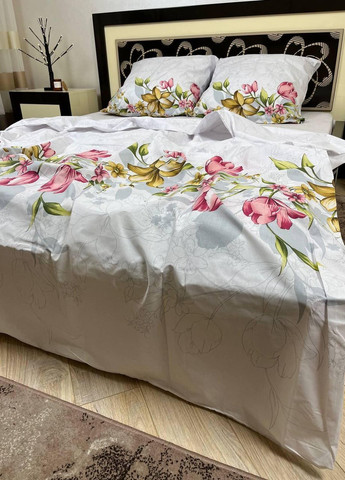 Постільна білизна бавовняна Квіти Євро Простирадло на гумці 160x200х20 Бязь Білий 70 х 70 No Brand (270469737)