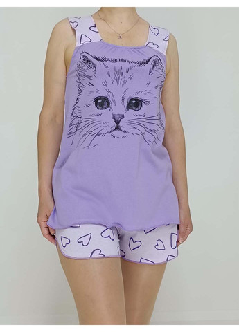 Сиреневая пижама котик с сердечками майка + шорты Triko 91357472