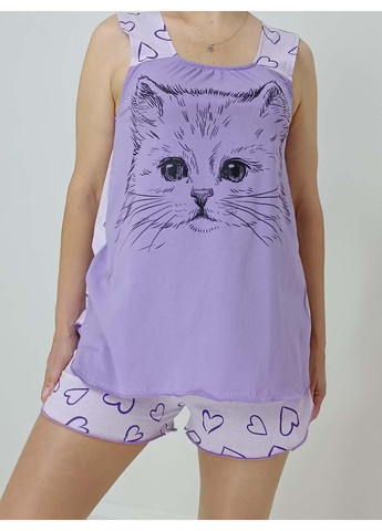 Сиреневая пижама котик с сердечками майка + шорты Triko 91357472