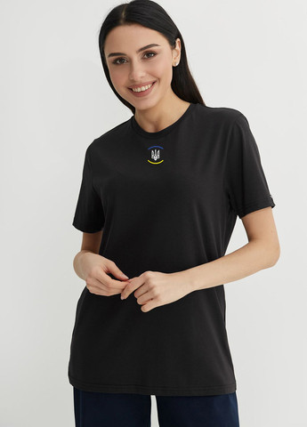 Черная всесезон женская футболка герб_yellowblue с коротким рукавом Garne