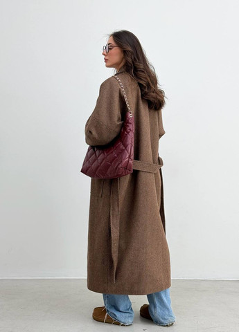 Коричневое демисезонное Женское пальто длинное Кимоно на запах с поясом Oversize ZF inspire