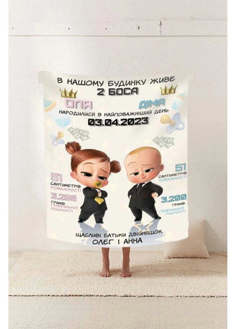 Плед 3D со своими пожеланиями с метрикой "В нашому будинку живе 2 БОСА" для близнецов/близнецов 20222393_C 11596 80х100 см Fashion (271549397)