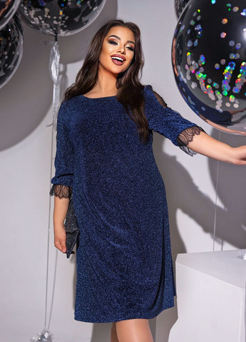Синее вечернее блестящее платье с кружевом а-силуэт No Brand однотонное