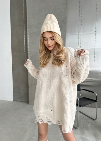 Светло-бежевый демисезонный трендовый свитер-платье свободного кроя джемпер No Brand