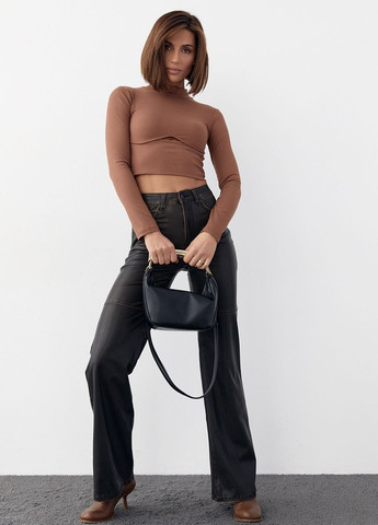 Коричневый демисезонный трикотажный кроп-топ с фигурным швом и вырезом Lurex