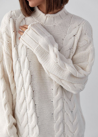 Темно-бежевый зимний вязаный свитер с косами oversize Lurex