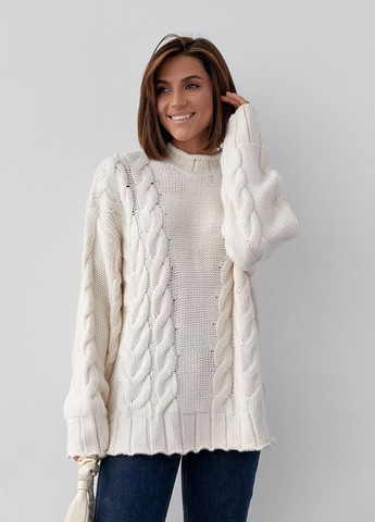 Темно-бежевый зимний вязаный свитер с косами oversize Lurex