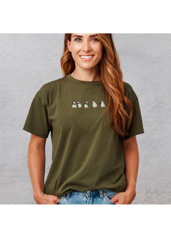 Хаки (оливковая) футболка с вышивкой пингвинов 02-5 женская хаки s No Brand