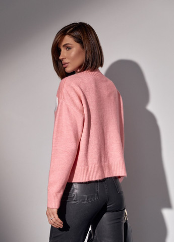 Розовый зимний вязаный свитер с двумя сердечками Lurex