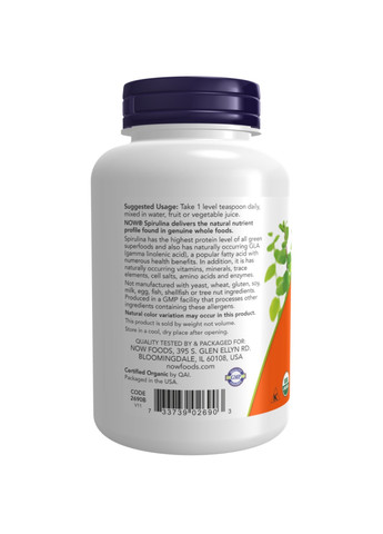 Спіруліна Organic Spirulina Powder - 113g Now Foods (272820715)