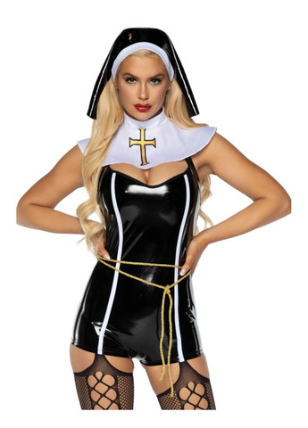 Прозрачный демисезонный виниловый костюм монашки sinful sister m, комбинезон, воротник, пояс, головной убор Leg Avenue