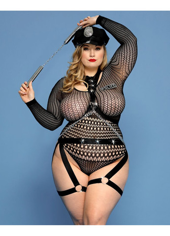 Прозорий демісезонний еротичний костюм поліціянтки «зухвала сюзі» plus size, black, рукави, нунчаки, ремені, ланцюги JSY
