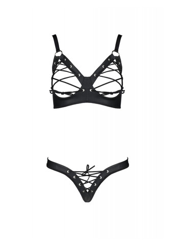 Прозорий демісезонний комплект з екошкіри celine bikini 6xl/7xl black, відкритий бра, стрінги зі шнурівкою Passion
