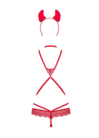 Прозрачный демисезонный эротический костюм чертика из стреп evilia teddy red s/m, боди, чокер, накладки на соски, Obsessive