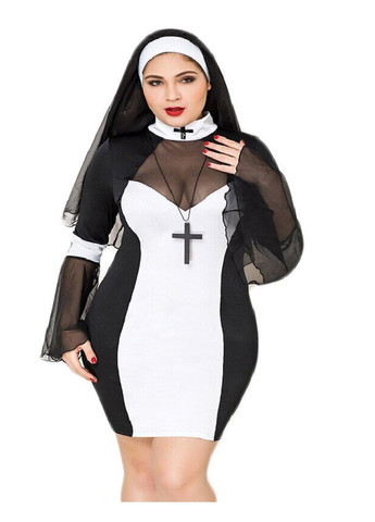Прозорий демісезонний еротичний костюм черниці «грішниця лола» plus size black, сукня, хрест, апостольник JSY