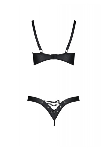 Прозрачный демисезонный комплект из экокожи celine bikini 4xl/5xl black, открытый бра, стринги со шнуровкой Passion