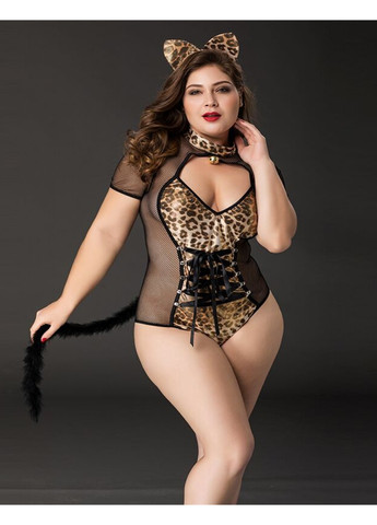 Прозорий демісезонний еротичний костюм кішечки «імператриця кітті» plus size, black, боді, шнурівка, хвіст, вушка JSY