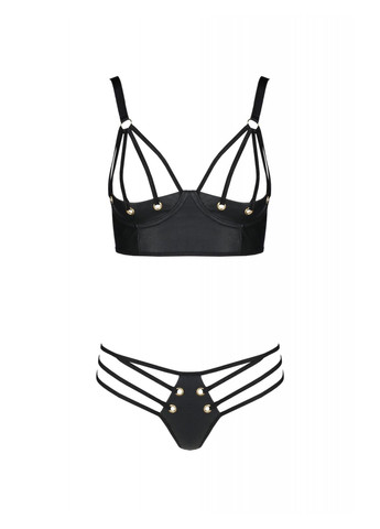 Прозрачный демисезонный комплект из экокожи malwia bikini 4xl/5xl black, с люверсами и ремешками, бра, трусики Passion