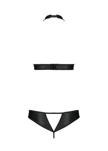 Прозорий демісезонний комплект: відкритий топ та трусики з екошкіри з люверсами malwia set with open bra black s/m — passi Passion