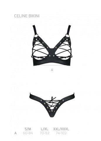 Прозрачный демисезонный комплект из экокожи celine bikini black xxl/xxxl — : открытый бра с лентами, стринги со шнуро Passion