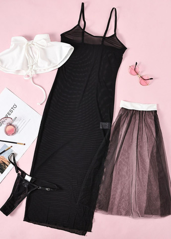 Чорно-білий демісезонний еротичний комплект білизни сукня комір фата трусики-стрінги Veronica