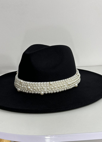 Шляпа Федора с широкими полями 9,5 см и жемчужным ремешком PERLYNKA черная No Brand (275334210)