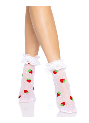Носки женские с клубничным принтом Strawberry ruffle top anklets One size, кружевные манж Leg Avenue (275732913)