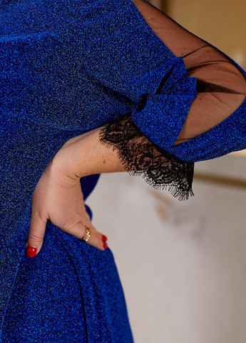 Світло-синя вечірня блискуча сукня із мереживом а-силует No Brand однотонна