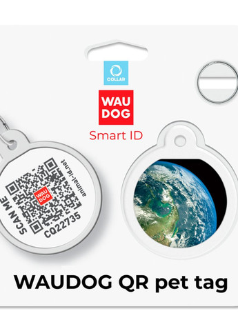 Адресник для собак і котів металевий Smart ID з QR паспортом"Земля", коло, Д 25 мм WAUDOG (276386966)