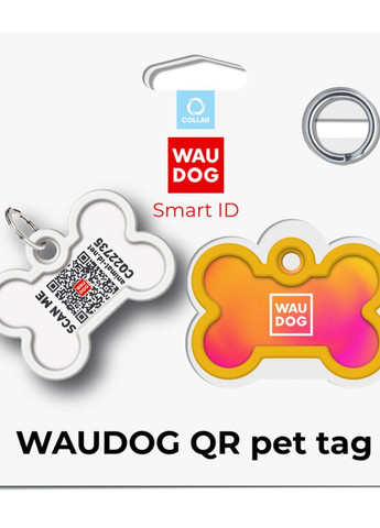 Адресник для собак и кошек металлический Smart ID с QR паспортом "Градиент оранжевый", кость, Д 40 мм, Ш 28 мм WAUDOG (276387087)