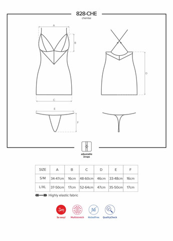 Сатиновий комплект для сну з мереживом 828-CHE-1 chemise & thong S/M, чорний, сорочка, стр Obsessive (276392879)