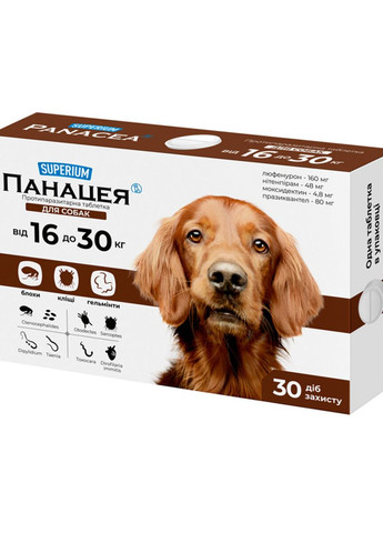 СУПЕРІУМ Панацея, протипаразитарна таблетка для собак, 16-30 кг Superium (276470531)