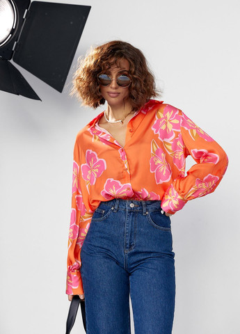 Оранжевая шелковая блуза на пуговицах с цветочным узором Lurex
