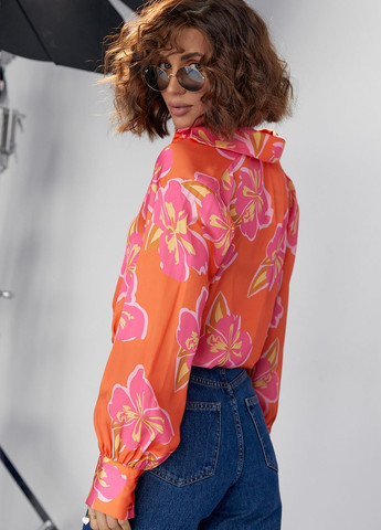 Помаранчева демісезонна шовкова блуза на гудзиках з квітковим візерунком Lurex