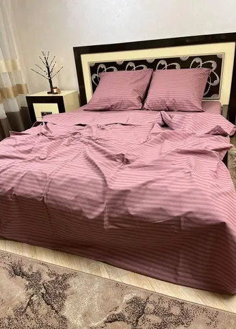 Постельное белье хлопковое Полоска Двуспальное Простынь на резинке 160x200х20 Бязь Сливовый 70 х 70 No Brand (276974590)