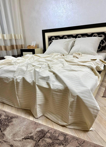 Постільна білизна бавовняна Смужка Євро Простирадло на гумці 180x200х20 Бязь Бежевий 70 х 70 No Brand (276974677)
