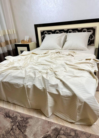 Постельное белье хлопковое Полоска Двуспальное Простынь на резинке 160x200х20 Бязь Бежевый 70 х 70 No Brand (276973940)