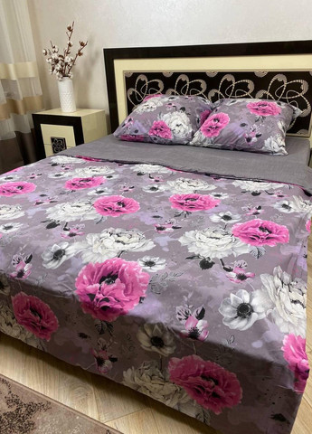 Постільна білизна бавовняна Квіти Євро Простирадло на гумці 180x200х20 Бязь Сіра 50 х 70 No Brand (276974612)