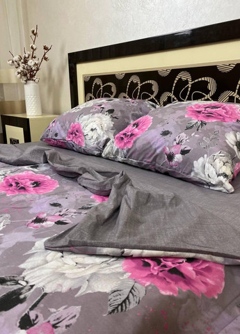 Постільна білизна бавовняна Квіти Євро Простирадло на гумці 180x200х20 Бязь Сіра 50 х 70 No Brand (276974612)