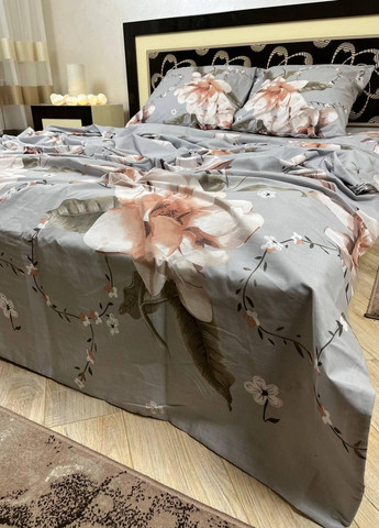 Постельное белье хлопковое Цветы Евро Простынь на резинке 160x200х20 Бязь Серое 70 х 70 No Brand (276974358)