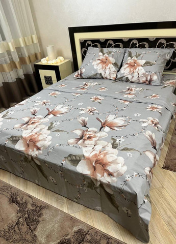 Постільна білизна бавовняна Квіти Євро Простирадло на гумці 160x200х20 Бязь Сірий 50 х 70 No Brand (276974168)