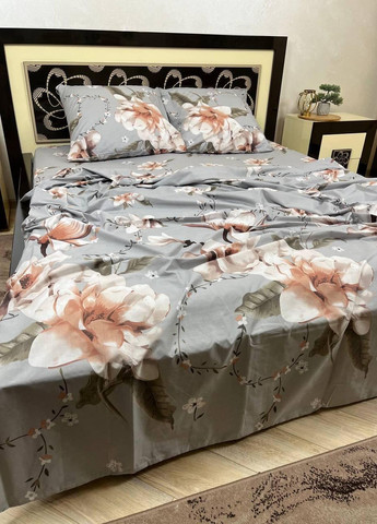 Постільна білизна бавовняна Квіти Двоспальна 180 x 220 Бязь Сірий 50 х 70 No Brand (276974423)