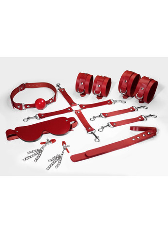 Набор BDSM Kit 7 Red, наручники, поножи, коннектор, маска, паддл, кляп, зажимы Feral Feelings (276843967)